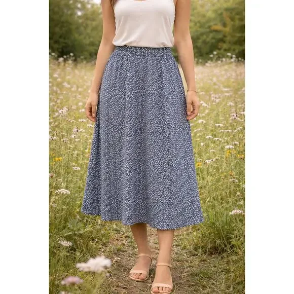 The Vermont Country Store Vintage Floral Midi Skirt Medium Navy Blue Cottagecore - Picture 1 of 8